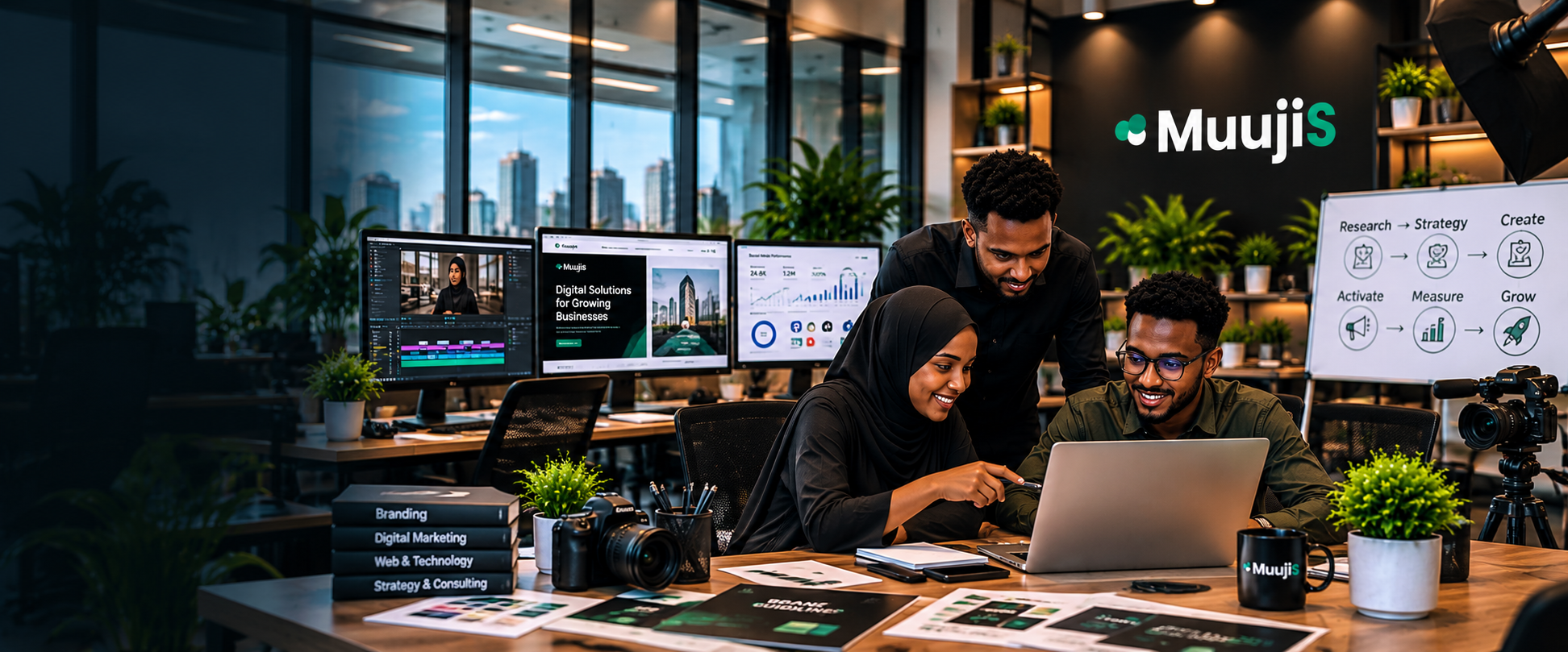 Muujis creative team collaborating in a digital studio